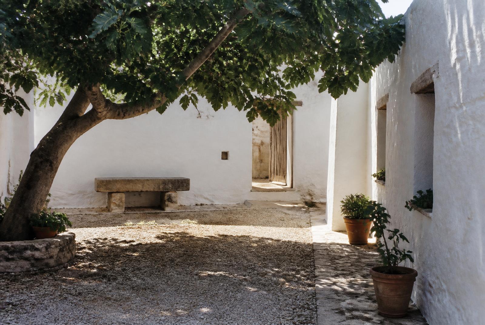 Patio encalado con higuera, banco de piedra y suelo de grava en una casa rural mediterránea